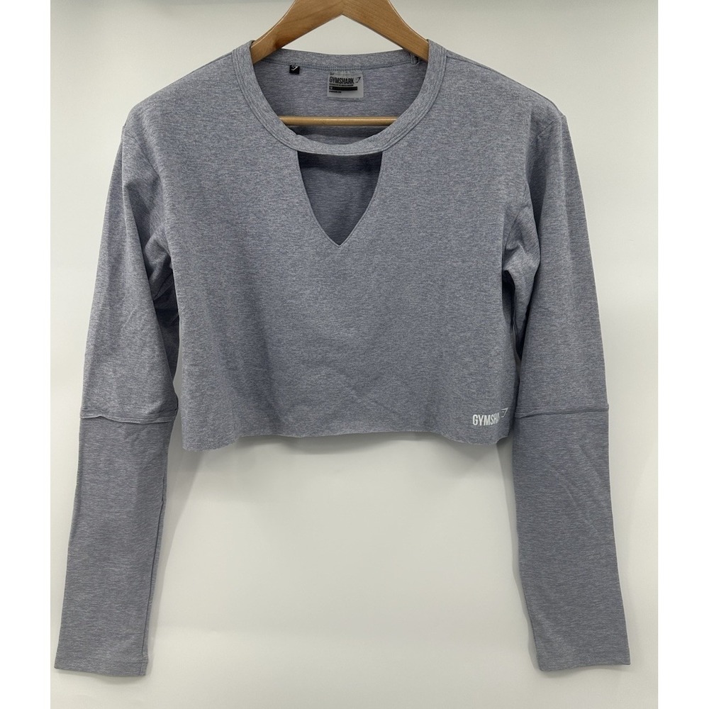 Gymshark Long Sleeve Cropped Top‎ Athletic Sz M Work Out Logo Gray Keyhole